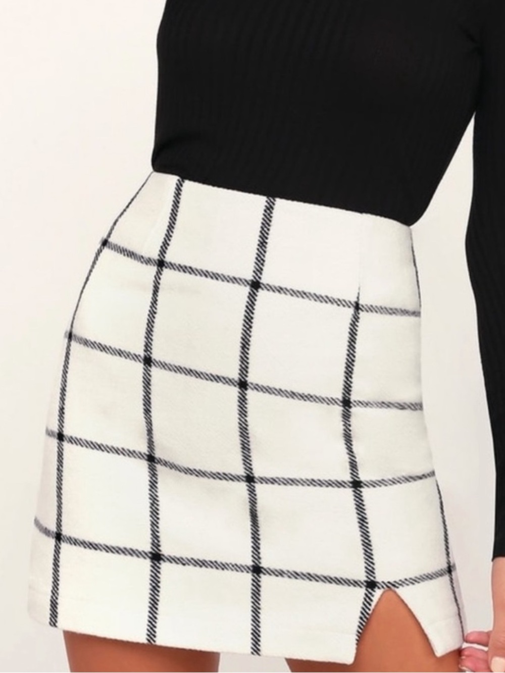 Lulus Cream Plaid Mini Skirt XS Soft Wool Blend Windowpane Check Skirt